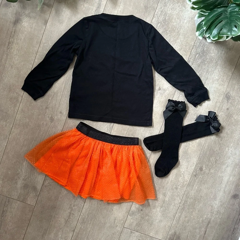 Halloween Glow in the Dark Top, Tutu Skirt, Knee High Socks 3-Piece Outfit Set